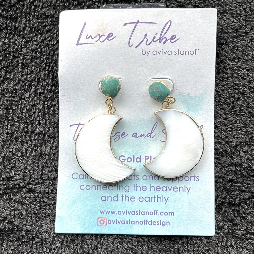 NWT Luxe Tribe 14k Gold, Turquoise, Shell Moon Shaped Earrings